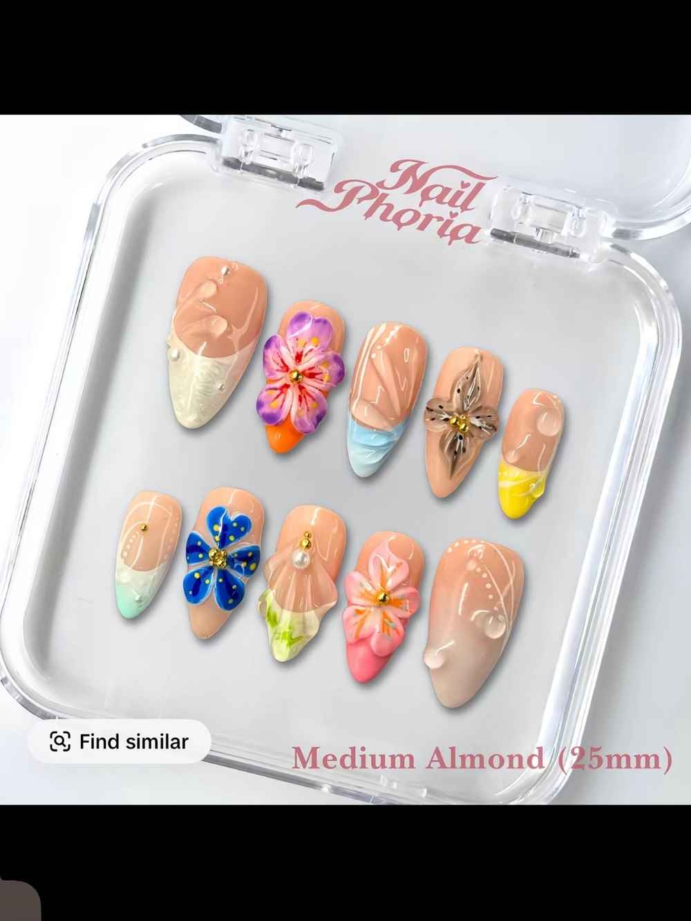 NailPhoria WildflowersFloral Almond Press-On Set — Peach & Pastel Accents